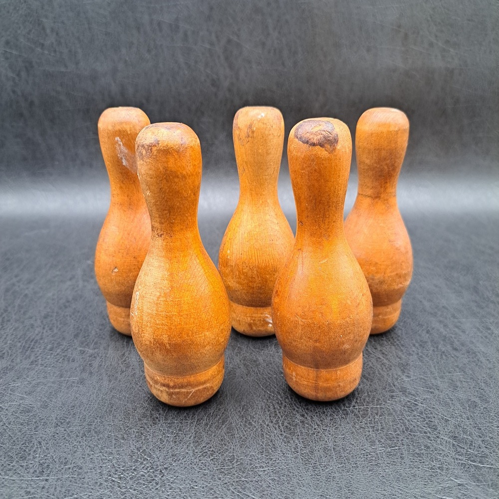 Vintage Wooden Bowling Pins Set of 5 Primitive Rustic Tabletop Skittles Decor